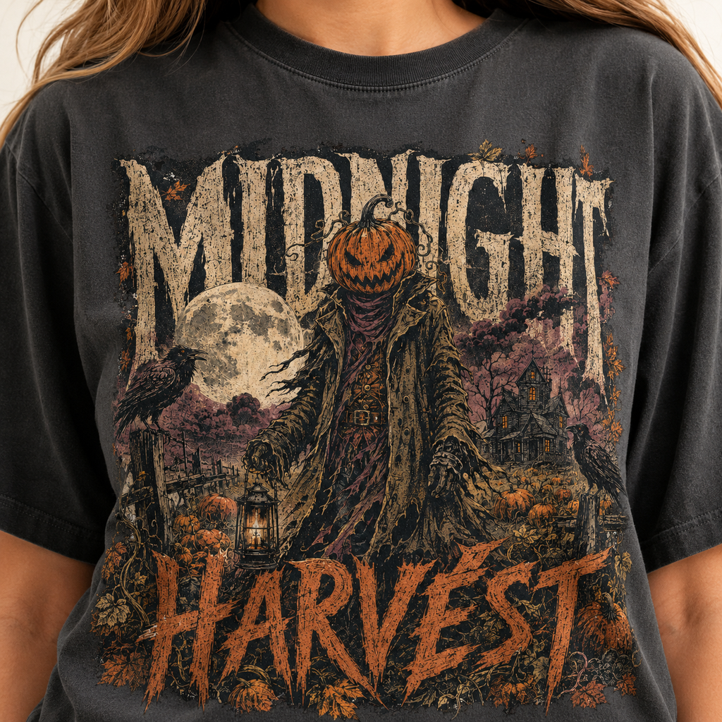 Midnight Harvest Halloween PNG – Vintage Pumpkin Head Shirt Design for Sublimation and DTF