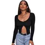 Long Sleeve Ribbed Crop Cardigan Top – Women's Sexy Button Knit Shirt
