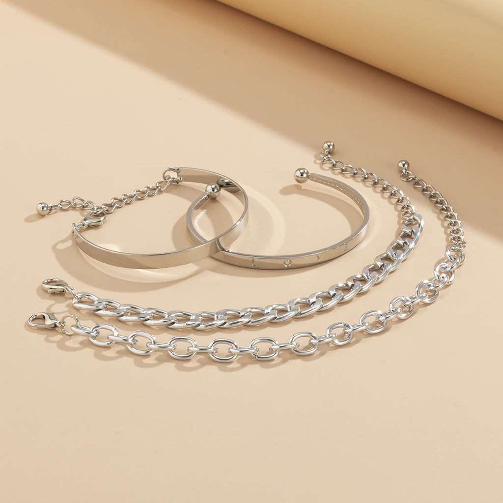 4PC C-Shaped Hollow Chain Bracelet Set – Simple Adjustable Cuff & Bangle