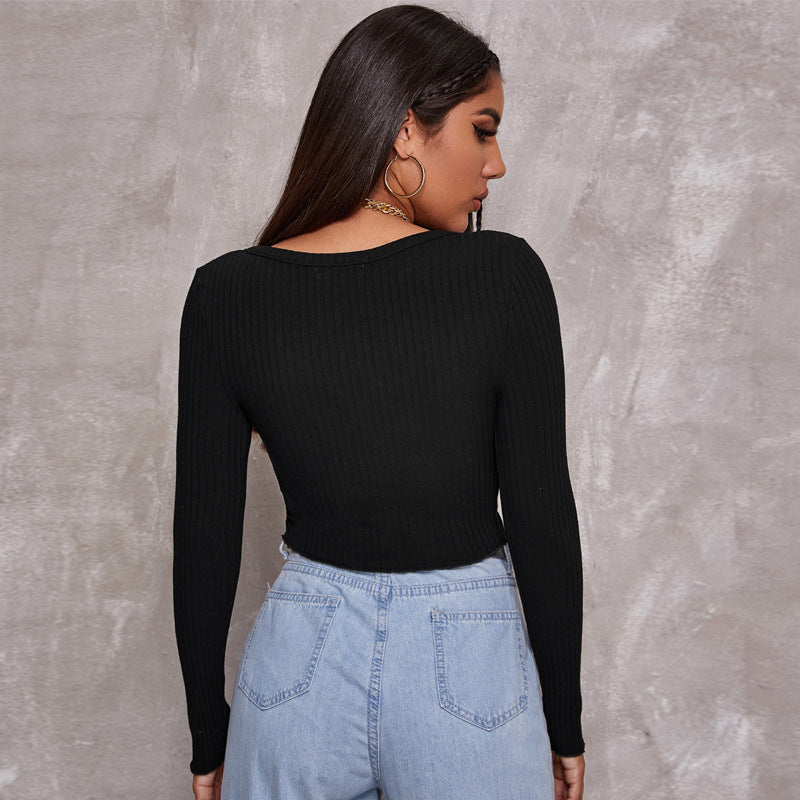 Long Sleeve Ribbed Crop Cardigan Top – Women's Sexy Button Knit Shirt