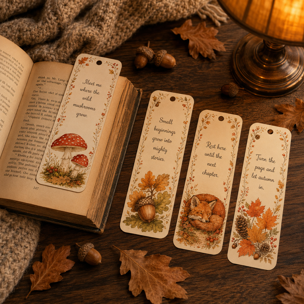 12 Printable Autumn Woodland Bookmarks, Fall Book Lover PDF Set