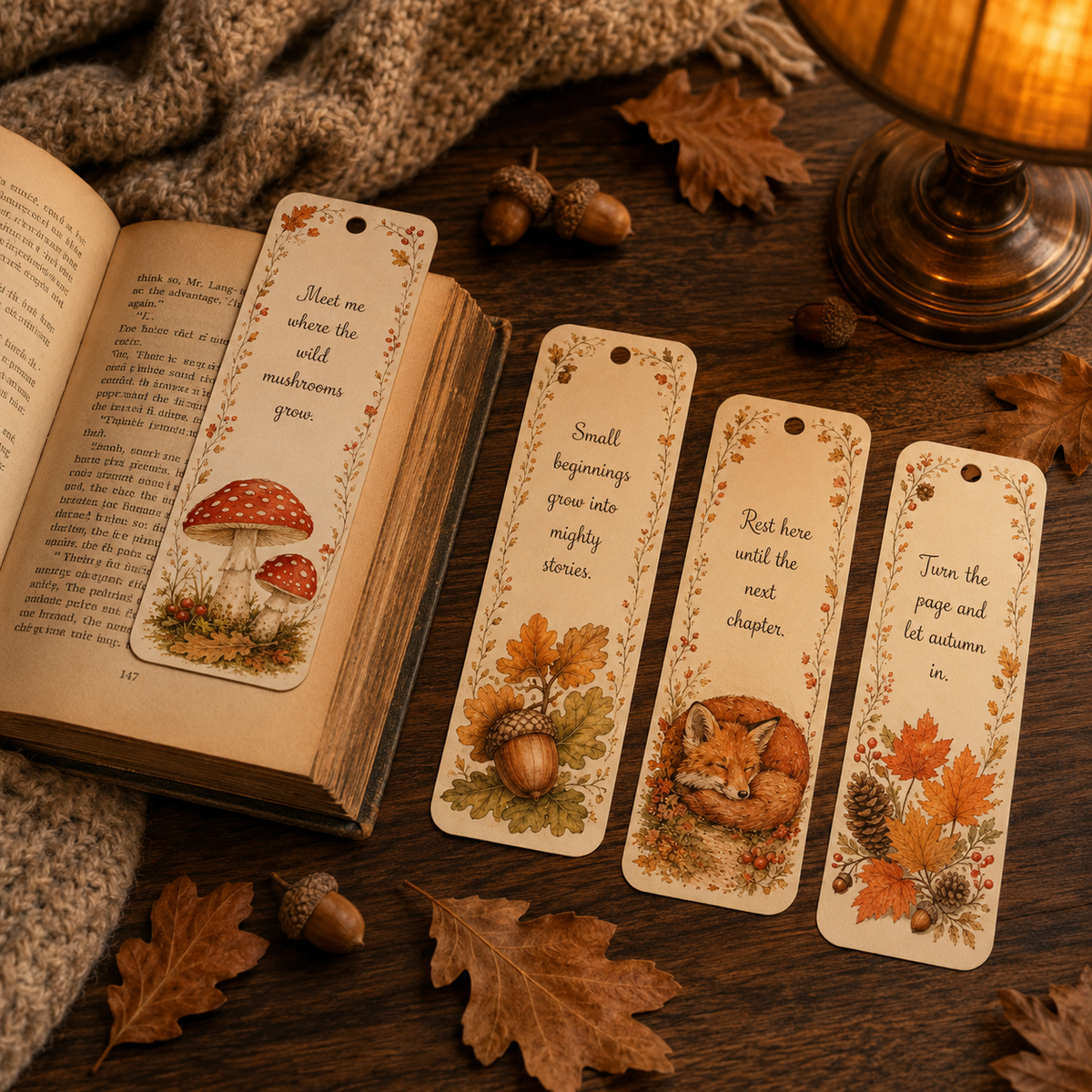 12 Printable Autumn Woodland Bookmarks, Fall Book Lover PDF Set
