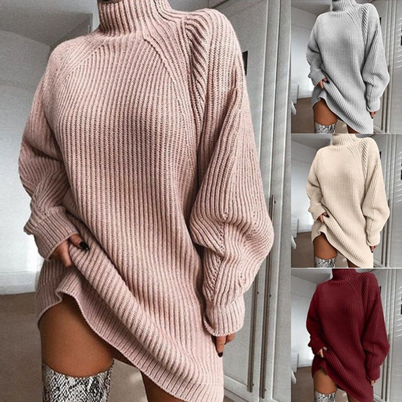 Solid Turtleneck Sweater Dress | Long Knit Winter Dress Women