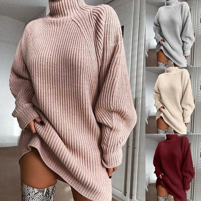 Solid Turtleneck Sweater Dress | Long Knit Winter Dress Women Hover Image