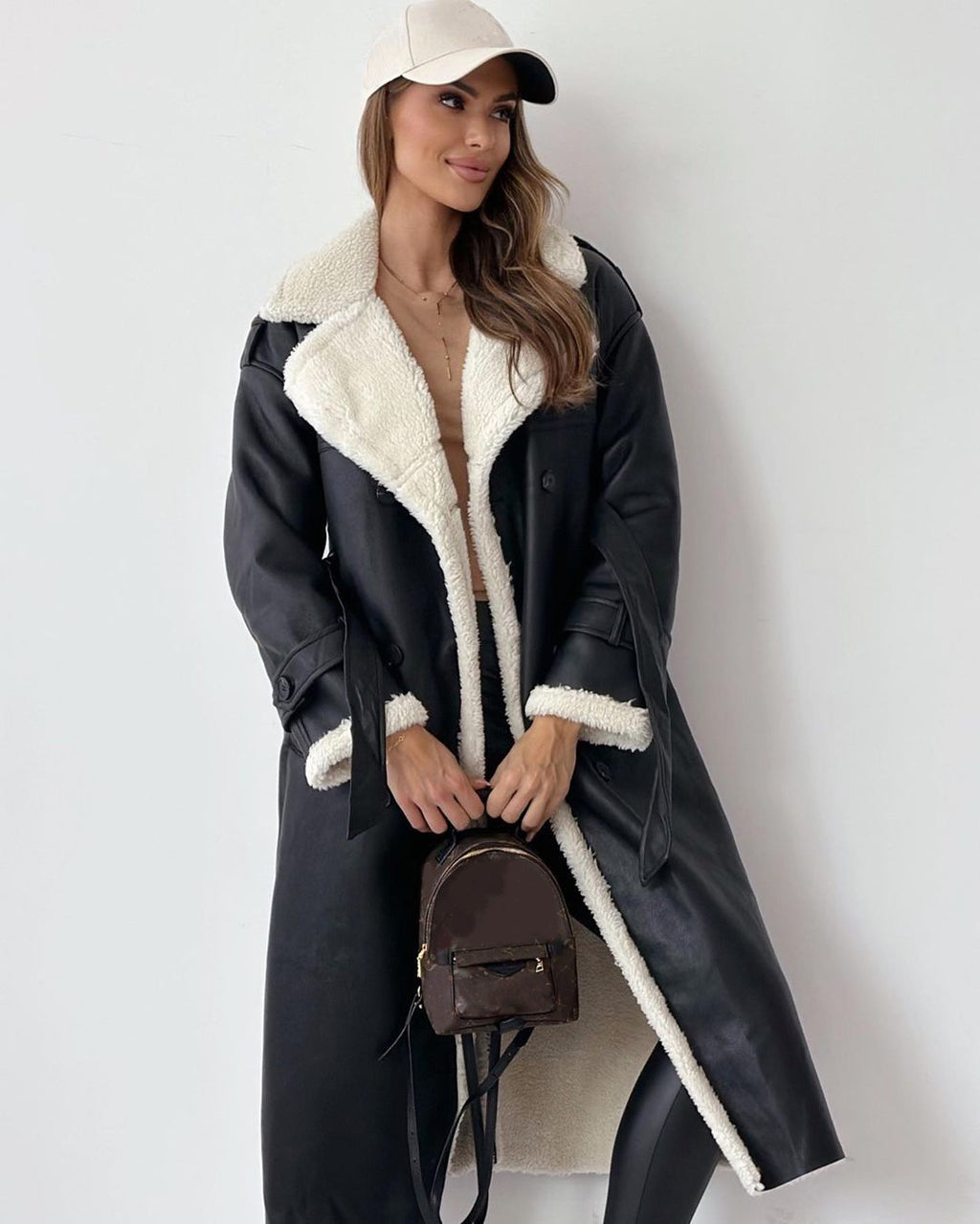 Women's Double Breasted Shearling Trench Coat – Mid-Length Winter Lapel