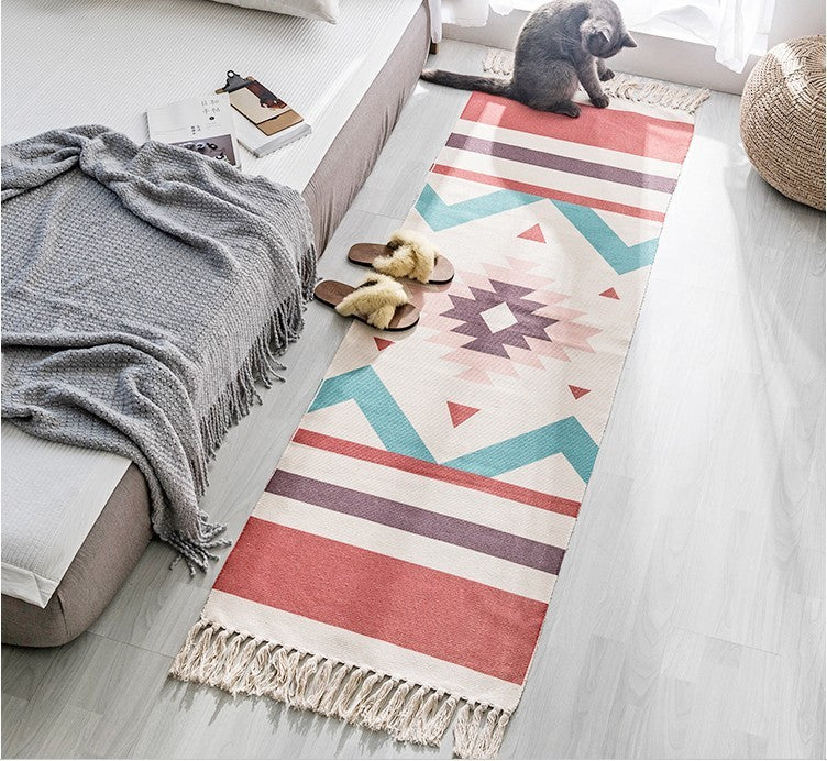 Bohemian Woven Cotton & Linen Area Rug Runner | Geometric Design Main image