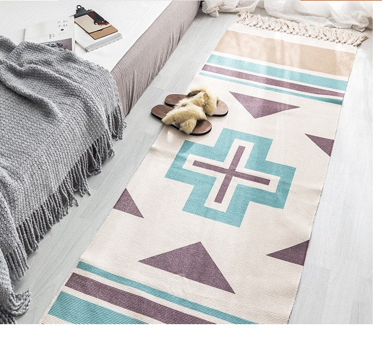 Bohemian Woven Cotton & Linen Area Rug Runner | Geometric Design