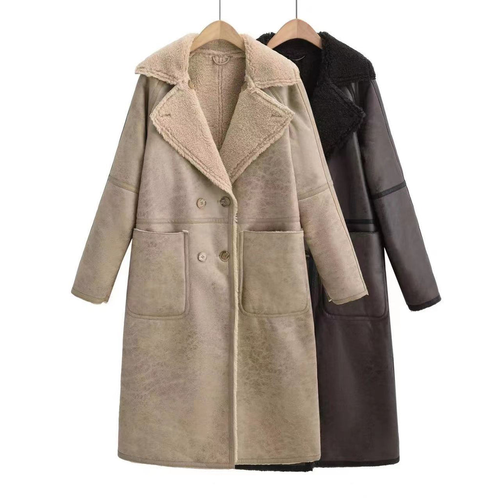 Women's Double Breasted Shearling Trench Coat – Mid-Length Winter Lapel
