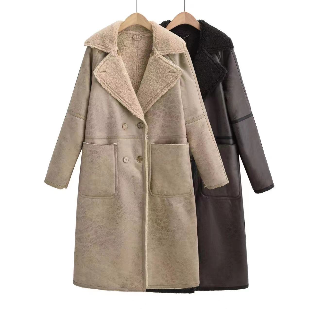 Women's Double Breasted Shearling Trench Coat – Mid-Length Winter Lapel