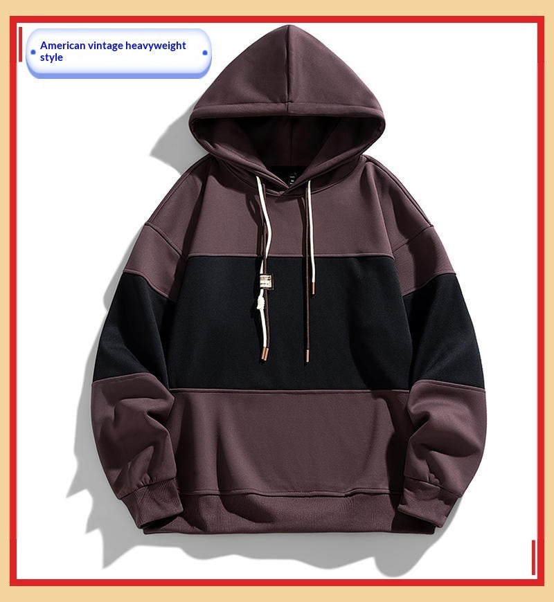 Retro Block Color Hoodie – Men's Loose Fit Polyester Casual Sweatshirt