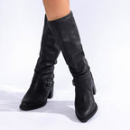 Women’s Chunky Heel Buckle Boots | Stylish Comfort Mid-Calf