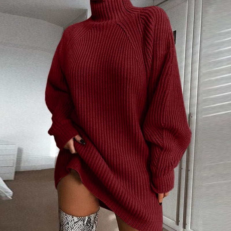Solid Turtleneck Sweater Dress | Long Knit Winter Dress Women