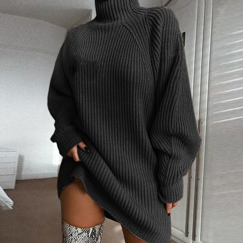 Solid Turtleneck Sweater Dress | Long Knit Winter Dress Women