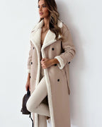 Women's Double Breasted Shearling Trench Coat – Mid-Length Winter Lapel