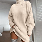 Solid Turtleneck Sweater Dress | Long Knit Winter Dress Women