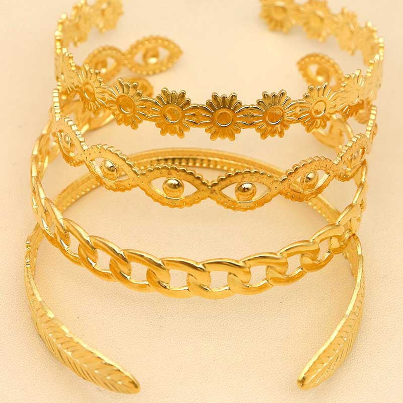4PC Stackable Chain Bracelet Set – Gold Plated Flower & Leaf Cuff Jewelry