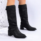 Women’s Chunky Heel Buckle Boots | Stylish Comfort Mid-Calf