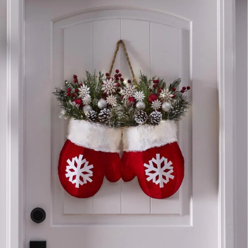 Luminous Christmas Mitten Wreath – Simulated Flower Holiday Door Sign