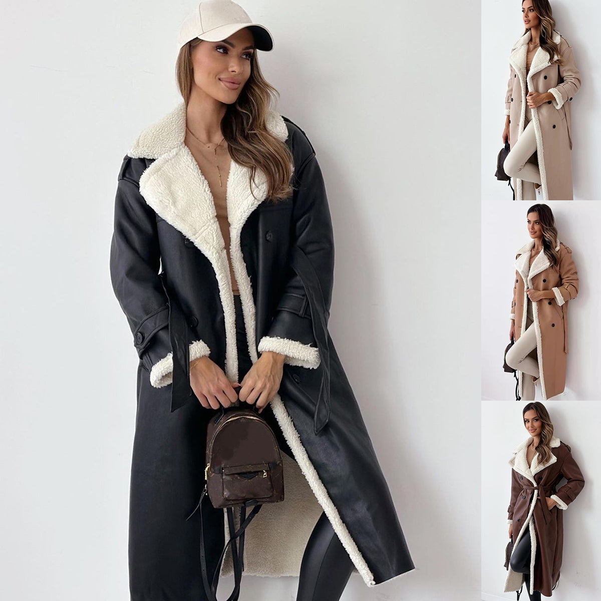 Women's Double Breasted Shearling Trench Coat – Mid-Length Winter Lapel