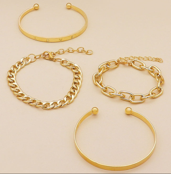 4PC C-Shaped Hollow Chain Bracelet Set – Simple Adjustable Cuff & Bangle