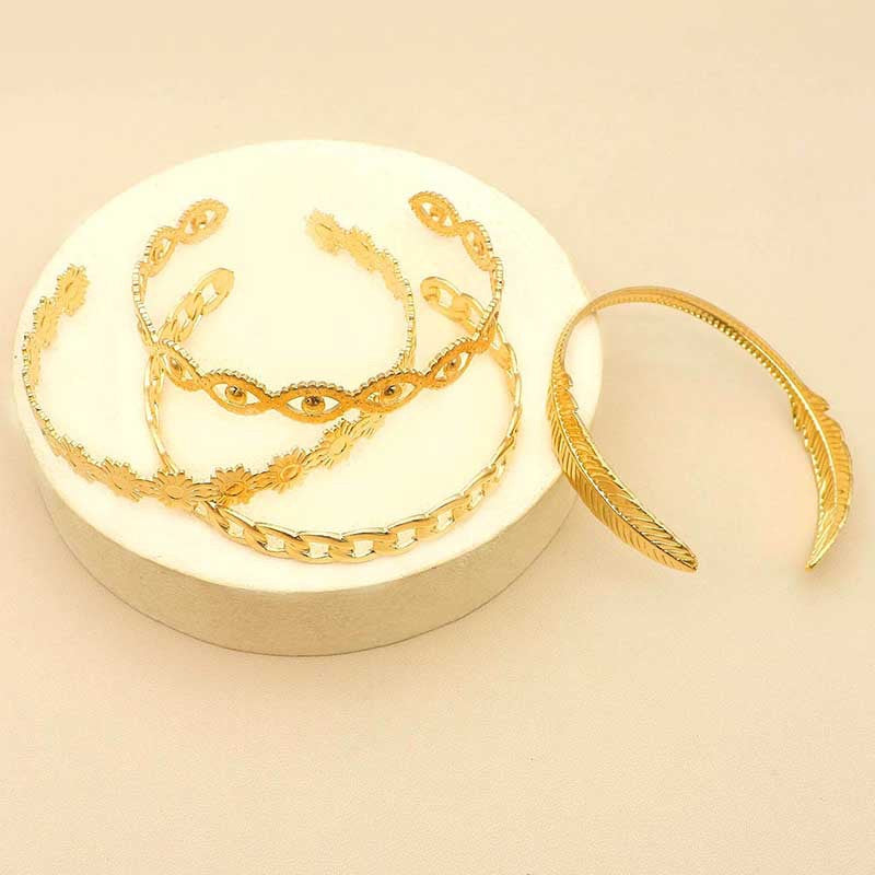 4PC Stackable Chain Bracelet Set – Gold Plated Flower & Leaf Cuff Jewelry