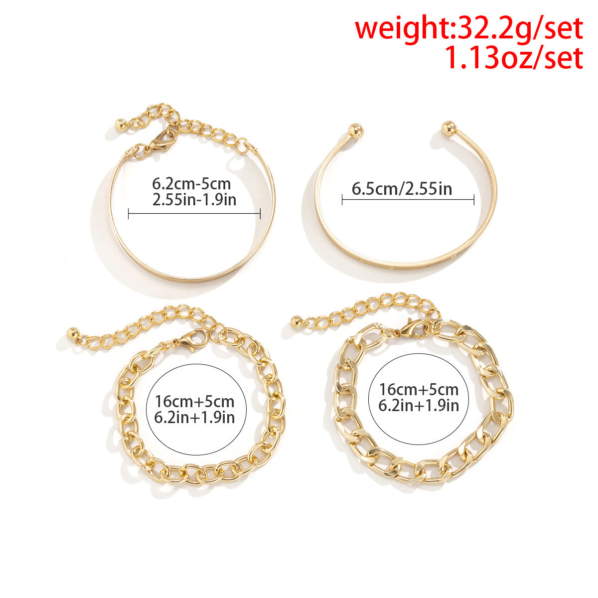 4PC C-Shaped Hollow Chain Bracelet Set – Simple Adjustable Cuff & Bangle