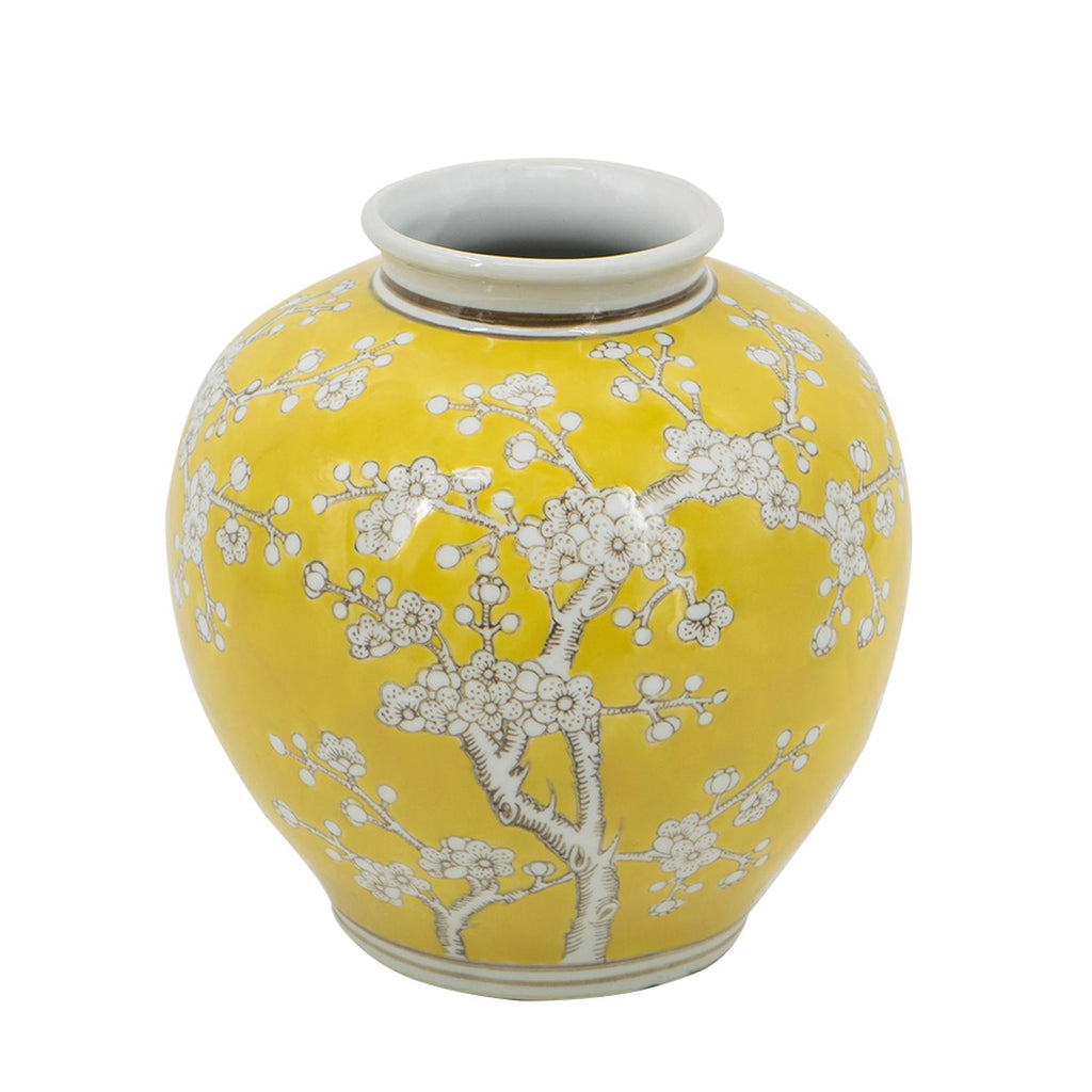 9" Yellow And White Floral Round Porcelain Table Vase-1