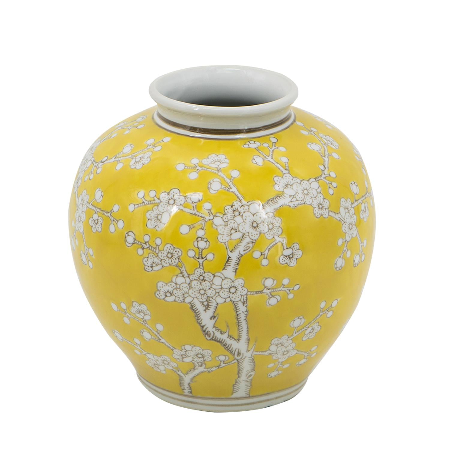 9" Yellow And White Floral Round Porcelain Table Vase-1