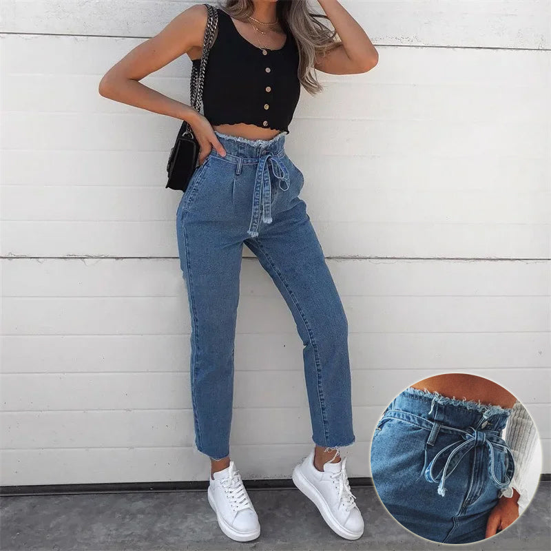 High-Waisted Paperbag Denim Jeans – Women's Washed Pencil Pants Main image