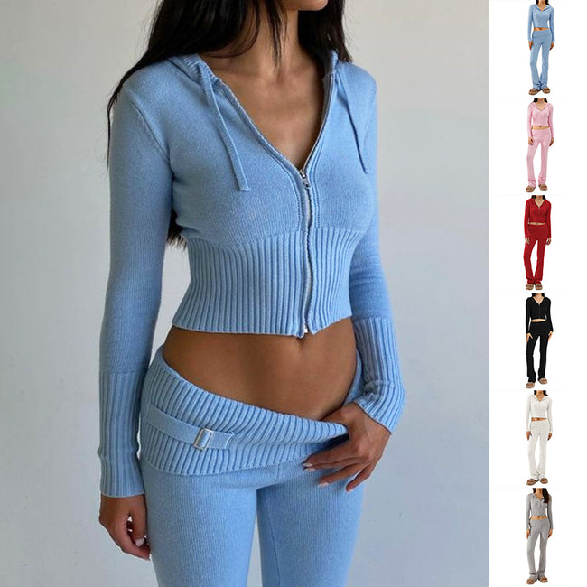 Zip Hoodie & High-Waist Pants Set | Women’s Casual Lounge Tracksuit Hover Image