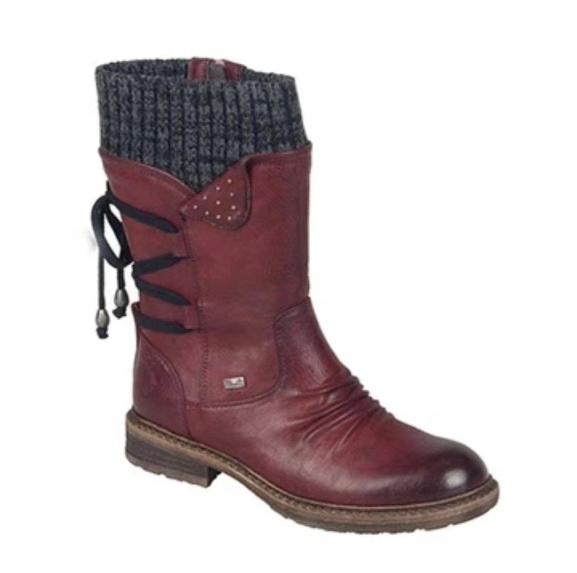 Women's Autumn/Winter Short Boots – Mid-Heel Knitted Cuff Lace-Up Bootie