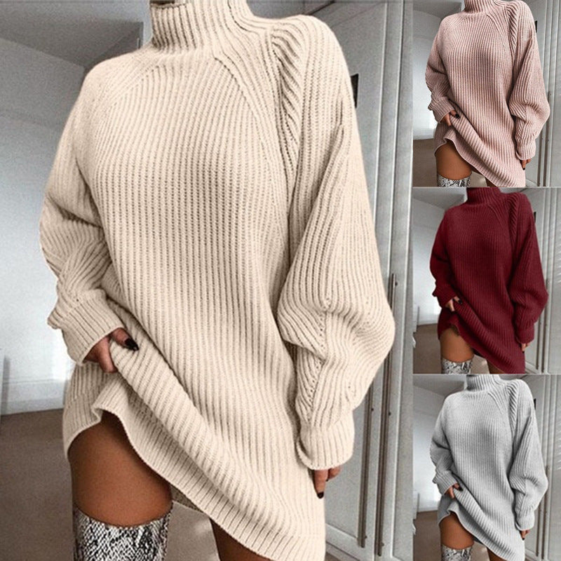 Solid Turtleneck Sweater Dress | Long Knit Winter Dress Women Secundaire afbeelding
