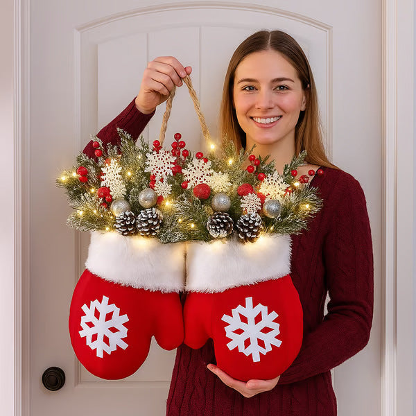 Luminous Christmas Mitten Wreath – Simulated Flower Holiday Door Sign
