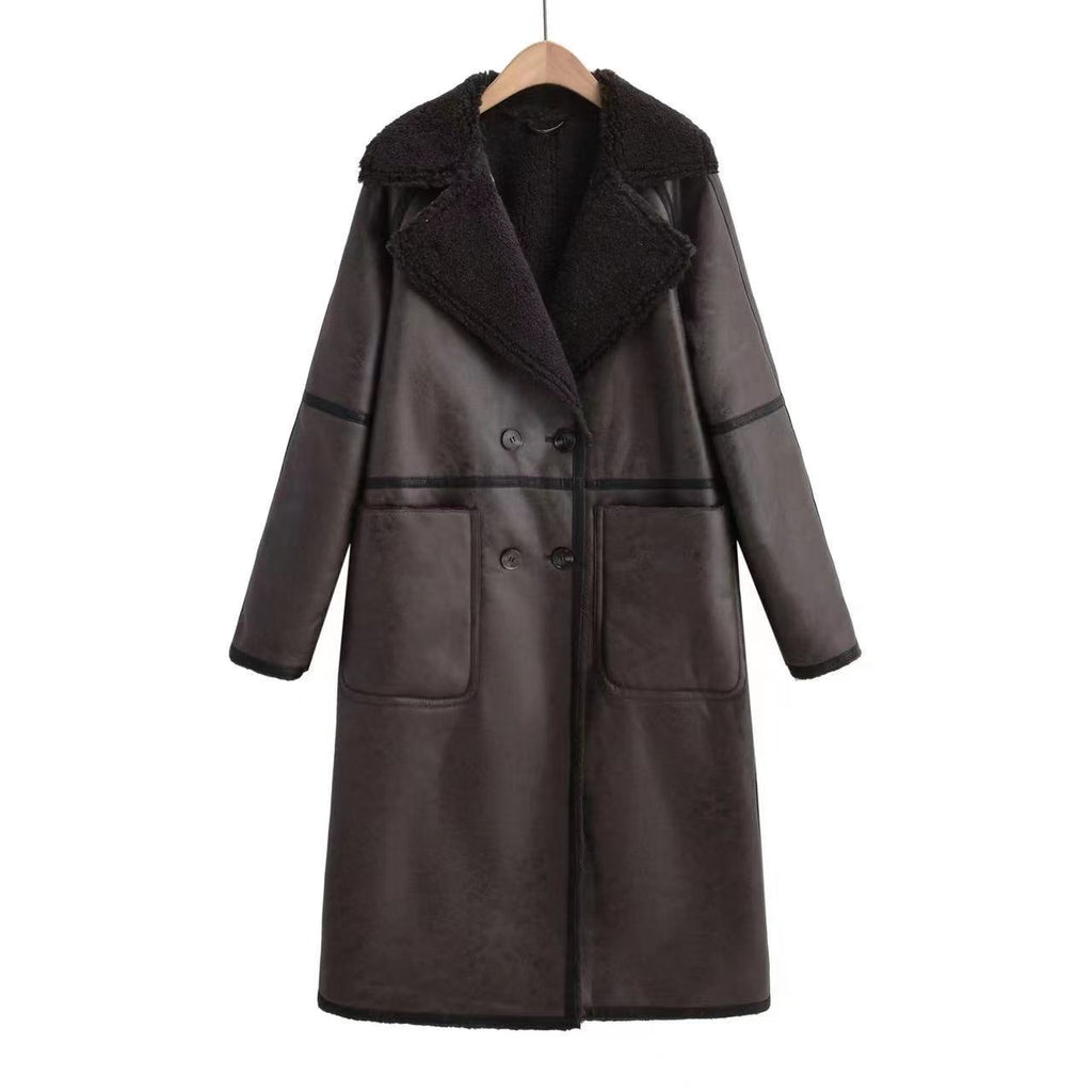 Women's Double Breasted Shearling Trench Coat – Mid-Length Winter Lapel