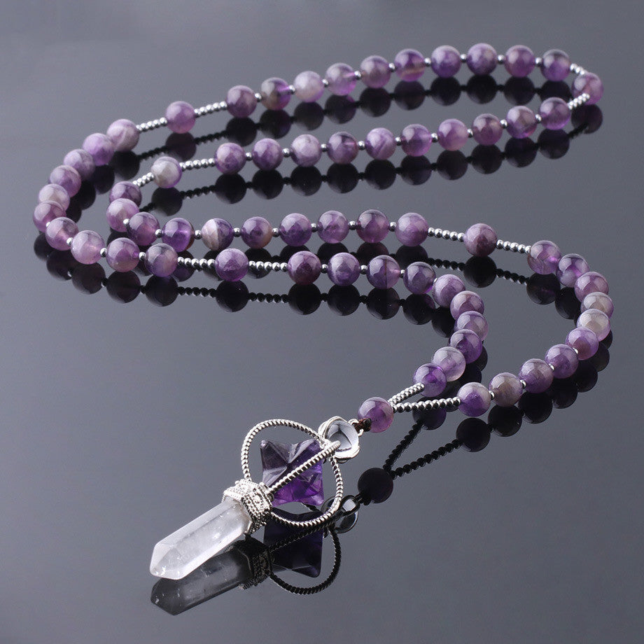 Natural Stone Crystal Column Pendant Necklace – Beaded Healing Gemstone Jewelry