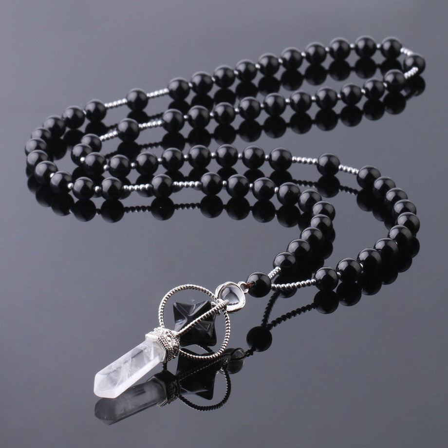 Natural Stone Crystal Column Pendant Necklace – Beaded Healing Gemstone Jewelry