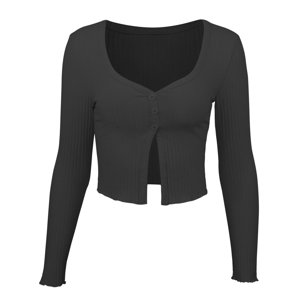 Long Sleeve Ribbed Crop Cardigan Top – Women's Sexy Button Knit Shirt