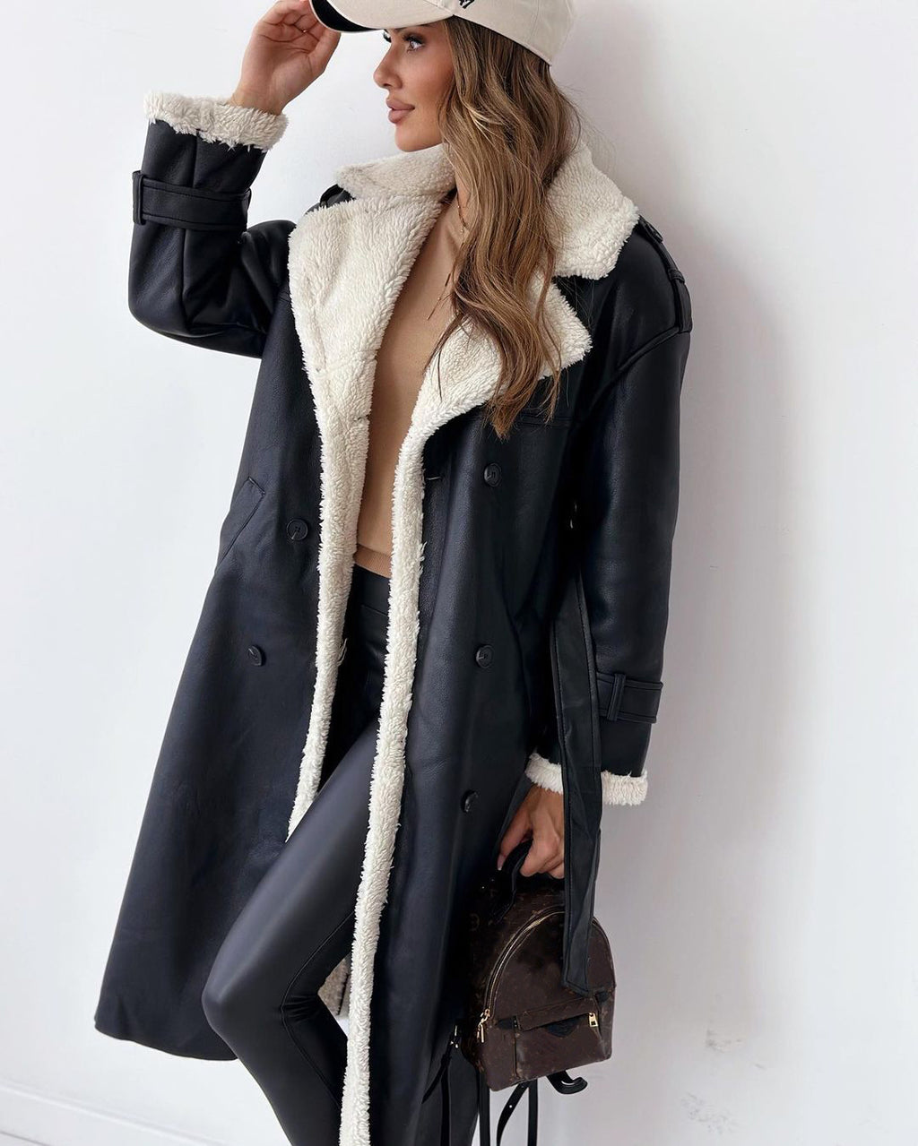 Women's Double Breasted Shearling Trench Coat – Mid-Length Winter Lapel
