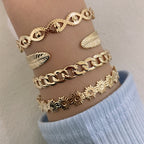 4PC Stackable Chain Bracelet Set – Gold Plated Flower & Leaf Cuff Jewelry