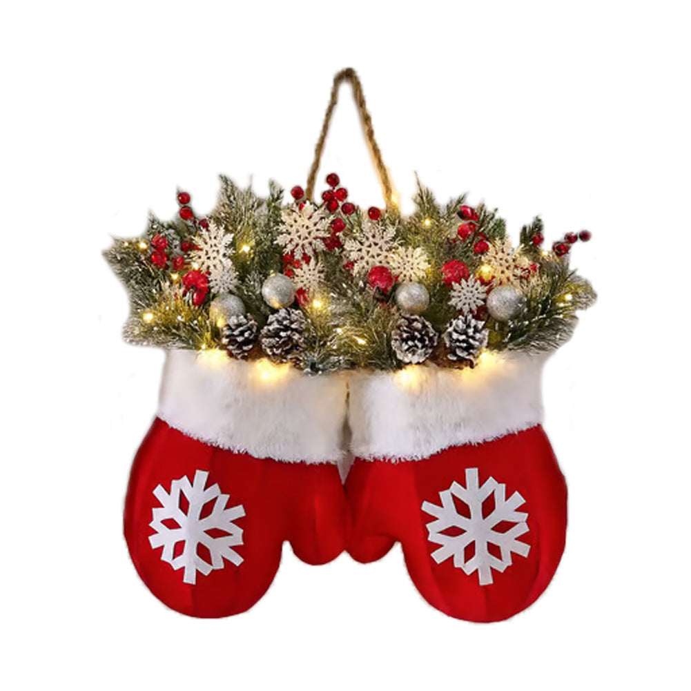 Luminous Christmas Mitten Wreath – Simulated Flower Holiday Door Sign