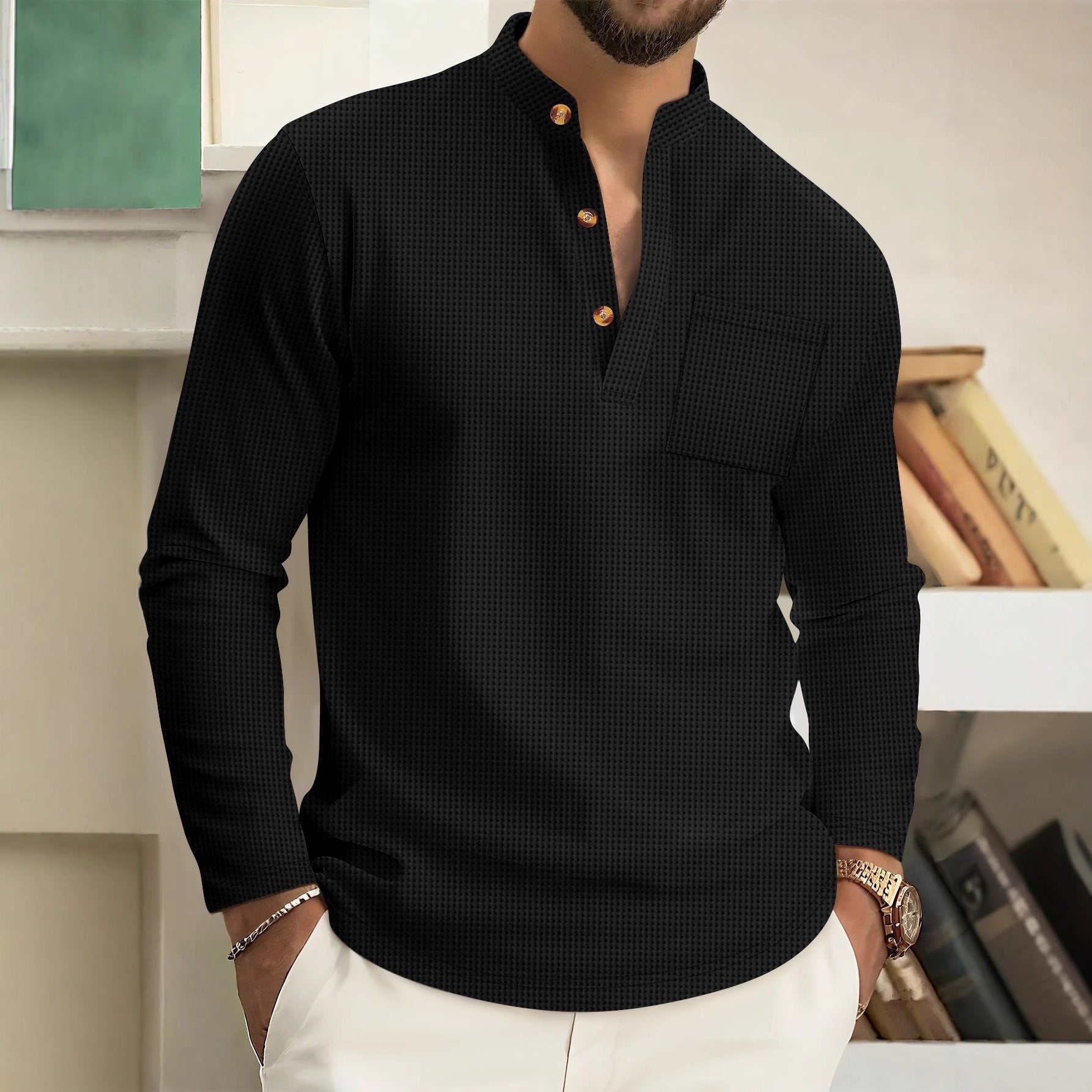 Men's Sophisticated Long Sleeve Casual Shirt – Stand Collar Loose Fit Top Main image