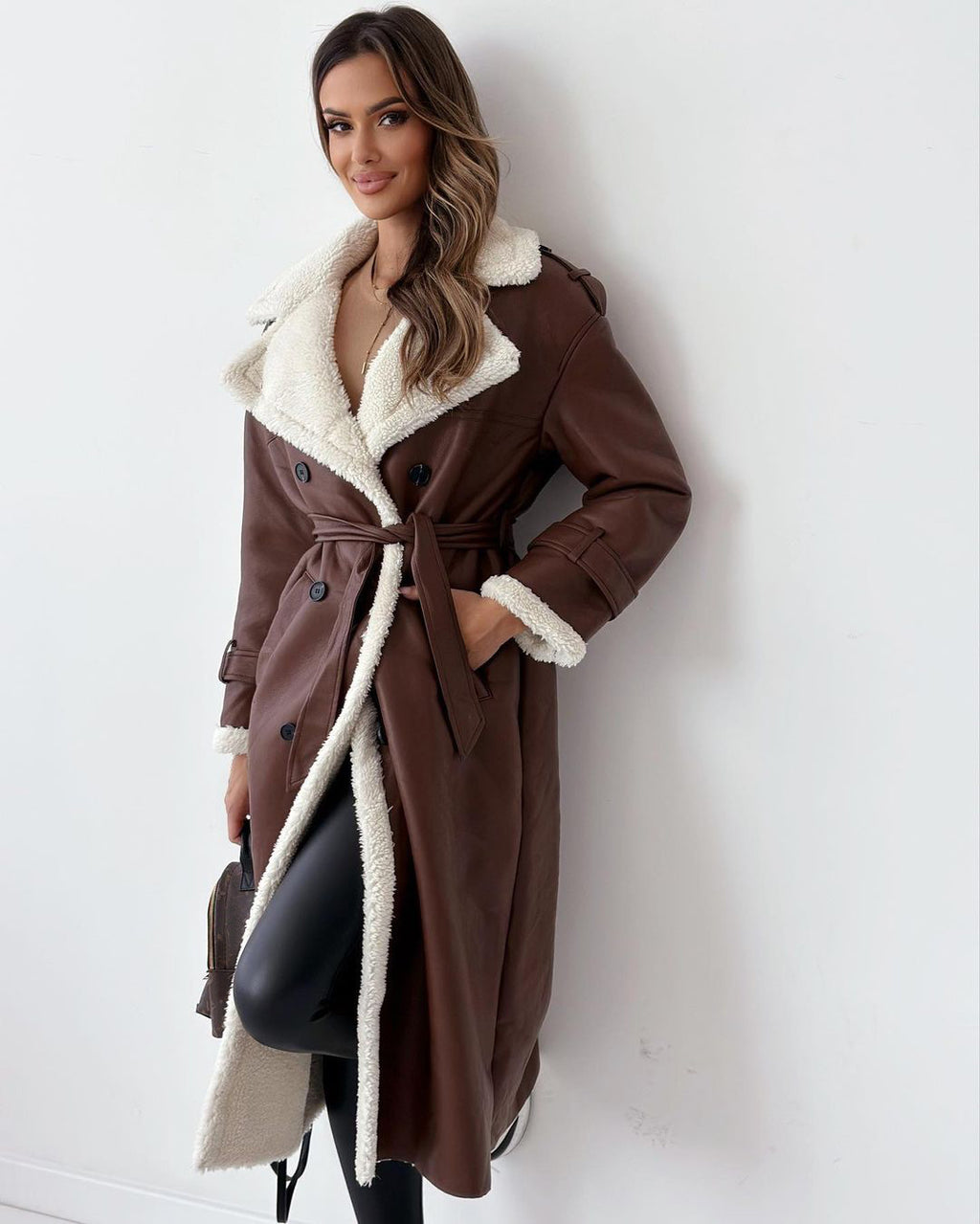 Women's Double Breasted Shearling Trench Coat – Mid-Length Winter Lapel