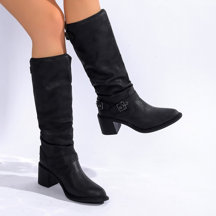 Women’s Chunky Heel Buckle Boots | Stylish Comfort Mid-Calf