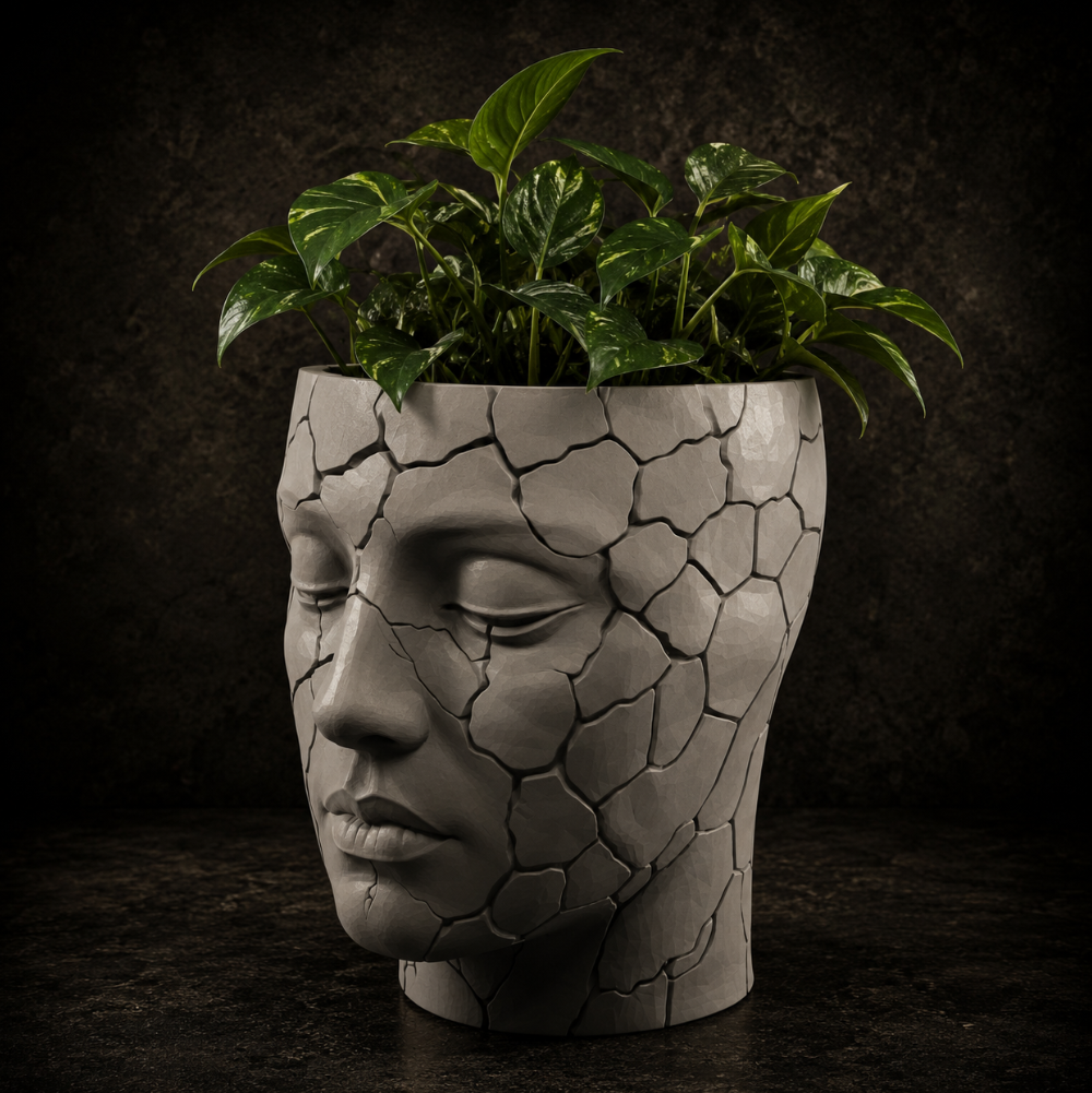 Cracked Face Planter STL File for 3D Printing – Modern Sculptural Pot Main image