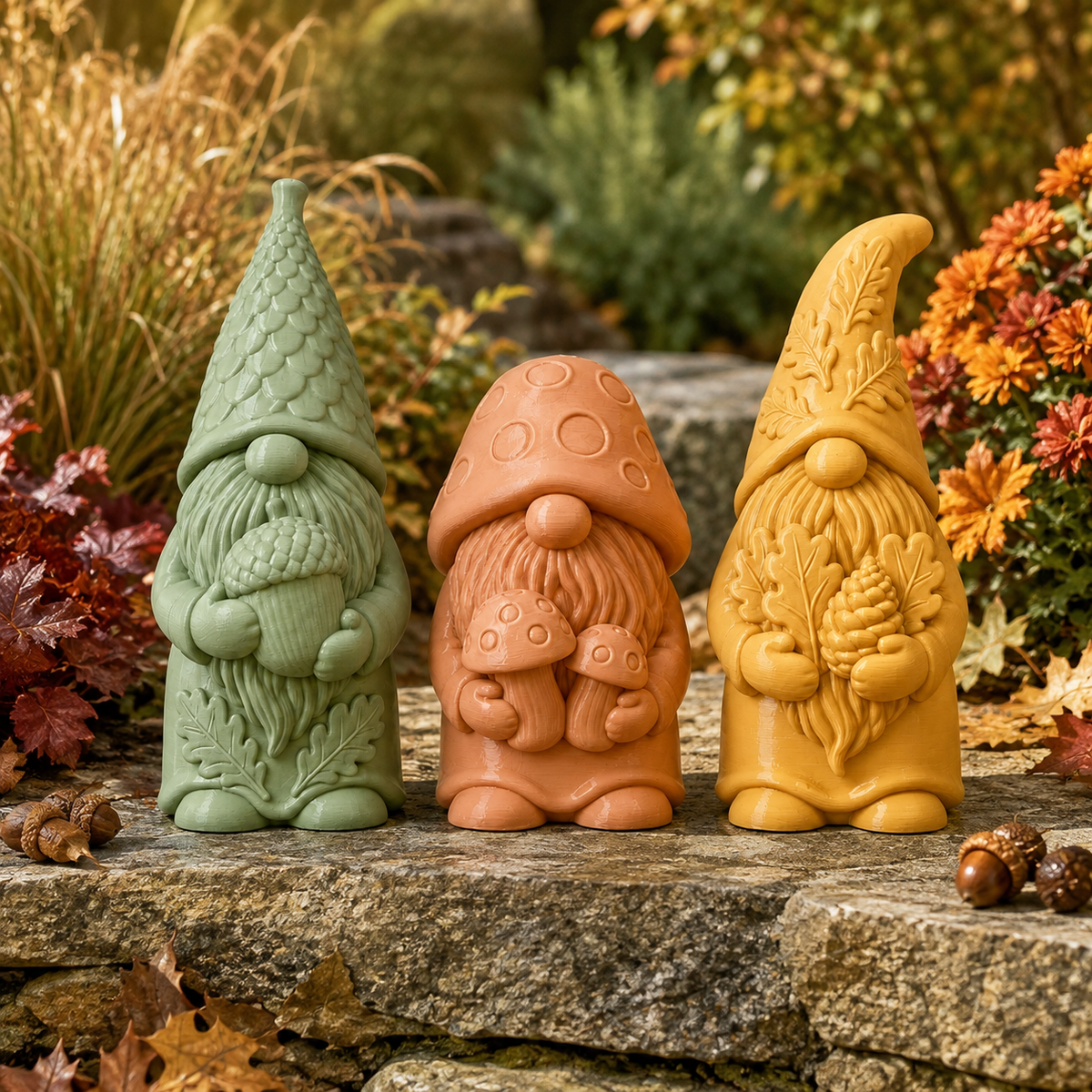 Autumn Woodland Gnome STL Bundle – 3 Garden Gnome 3D Print Files