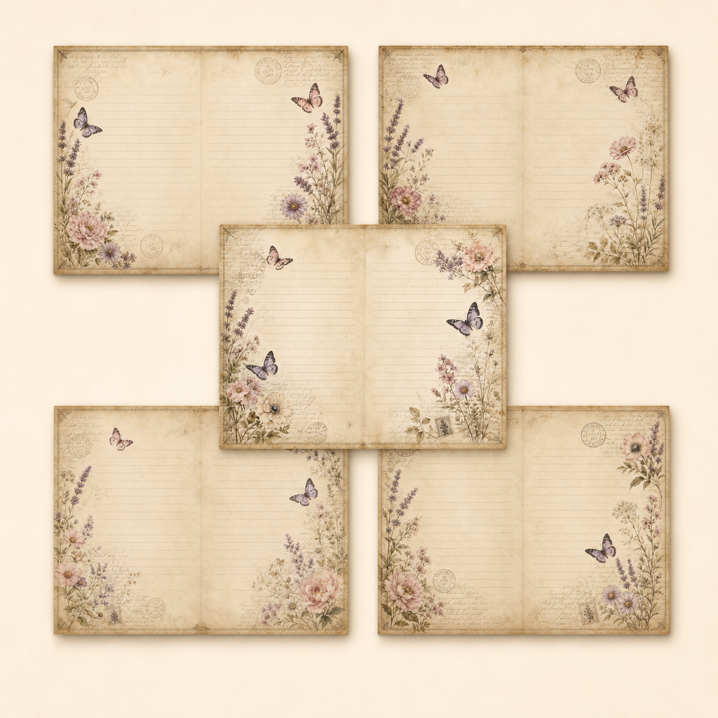Botanical Butterfly Junk Journal Pages Printable PDF – Vintage Floral Paper Pack A4 & US Letter
