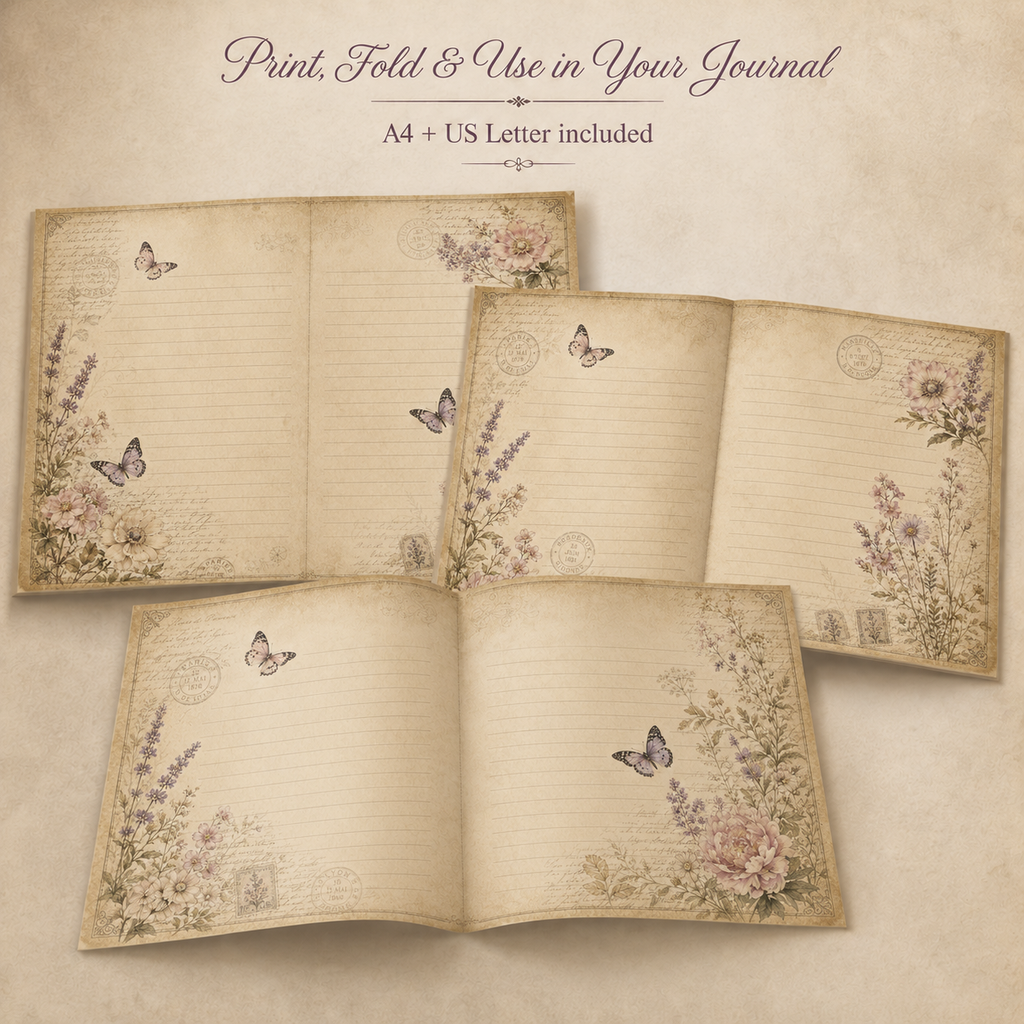 Botanical Butterfly Junk Journal Pages Printable PDF – Vintage Floral Paper Pack A4 & US Letter
