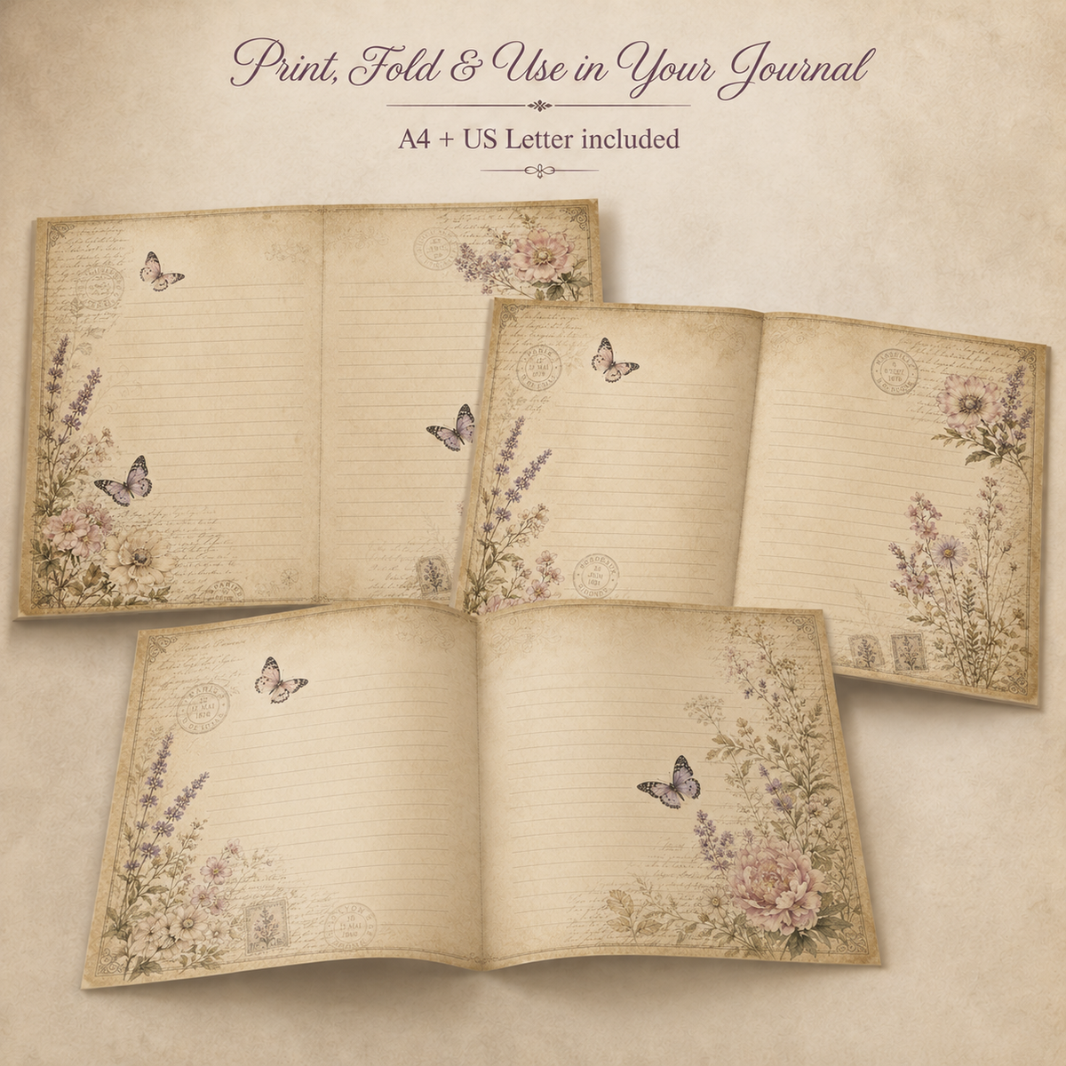Botanical Butterfly Junk Journal Pages Printable PDF – Vintage Floral Paper Pack A4 & US Letter