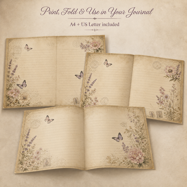 Botanical Butterfly Junk Journal Pages Printable PDF – Vintage Floral Paper Pack A4 & US Letter