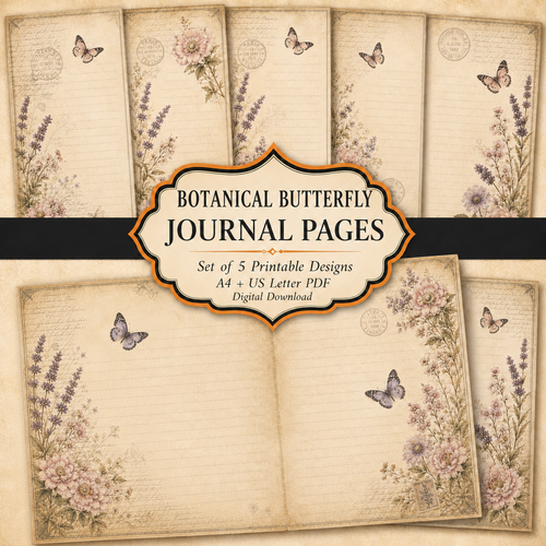 Botanical Butterfly Junk Journal Pages Printable PDF – Vintage Floral Paper Pack A4 & US Letter
